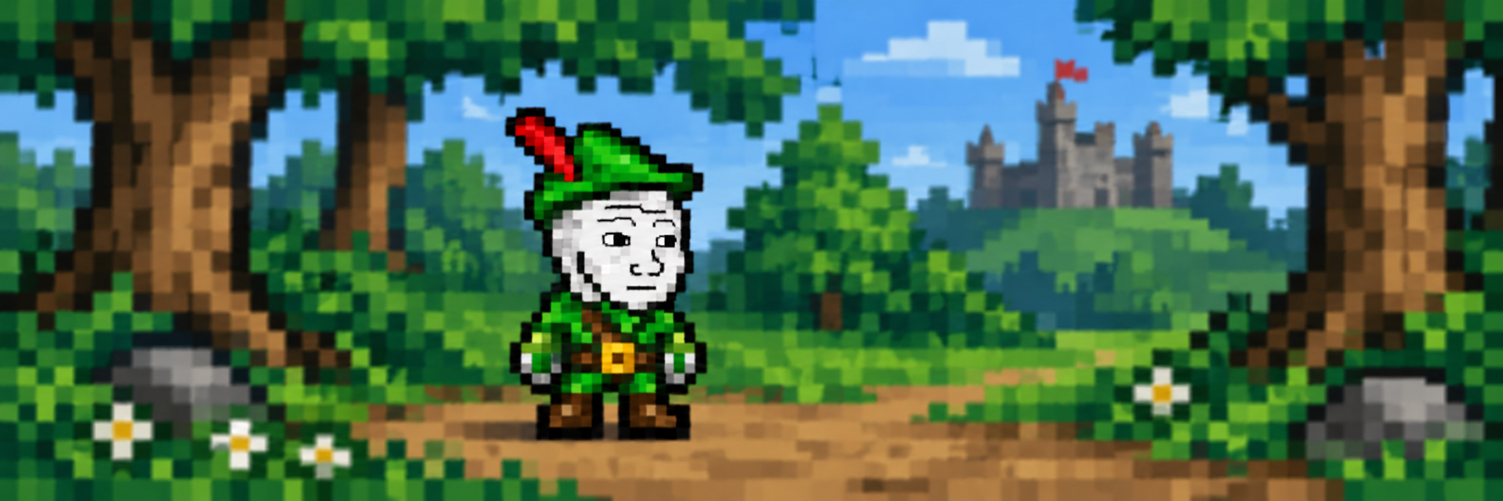 Robinwojak standing in a pixel forest with a castle in the distance